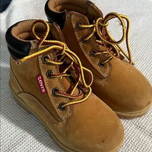 Levi's Kids Brown Leather Lace-Up Work-Style Boots with Yellow-Red Laces